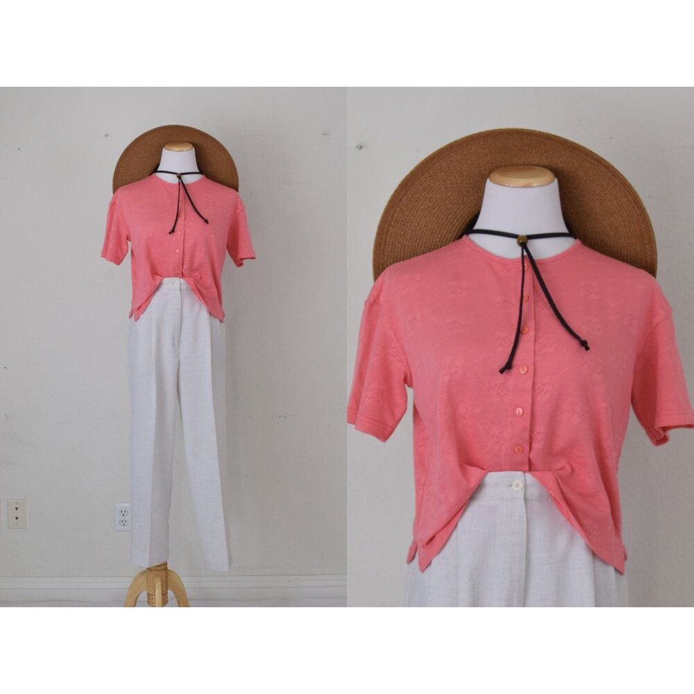 Vintage 90s Salmon Knit button Cotton/Poly Top‎ by Jaclyn Smith | size S